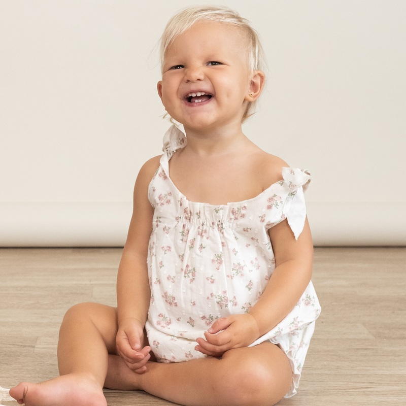 Makemake Organic Tie Shoulder Bubble Romper | English Roses