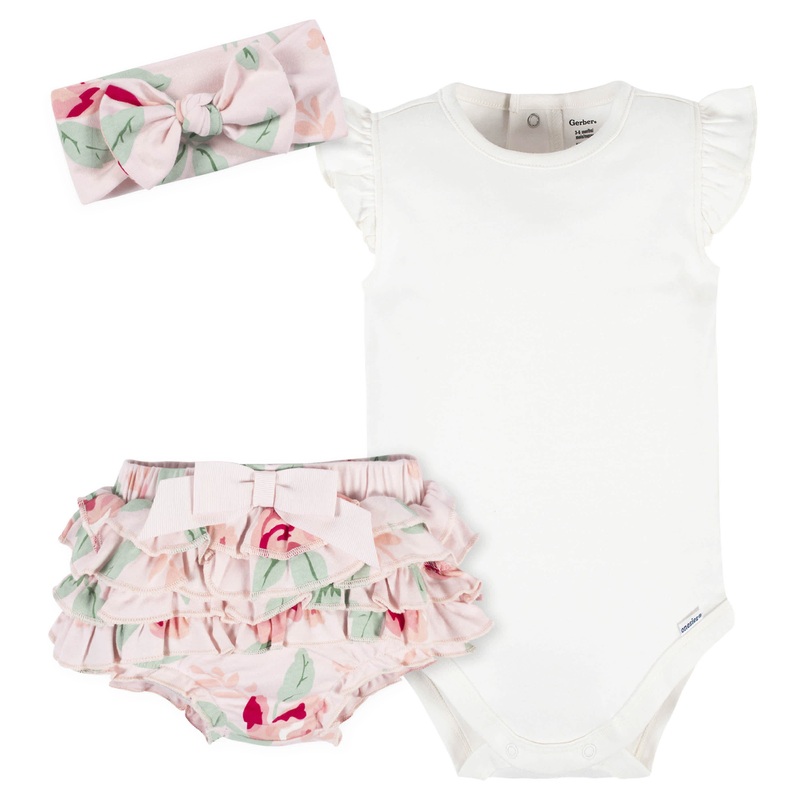 3-Piece Baby Girls Pink Garden Onesies Bodysuit, Diaper Cover & Headband Set
