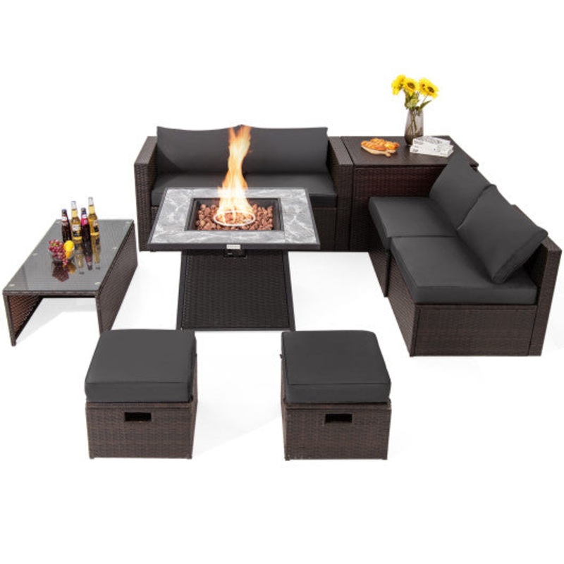 9 Pieces Patio PE Wicker Sectional Set With 50000 BTU Fire Pit Table-Gray