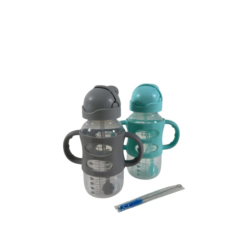 Dr. Brown’s Wide-Neck Sippy Bottles with Silicone Handles 2 Pack, 9 oz/270 ml, Green/Gray, Straw