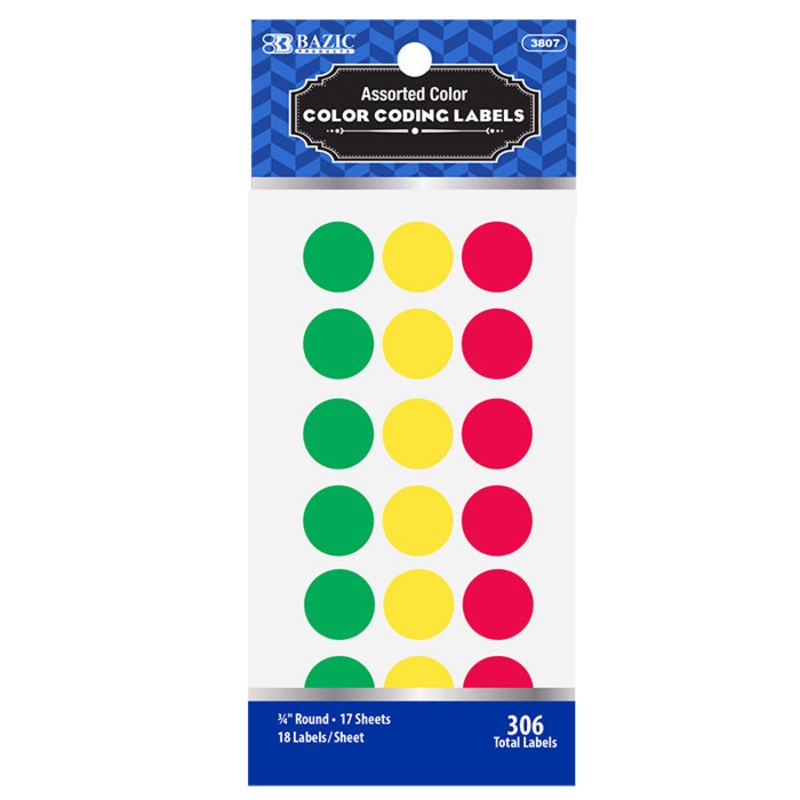 BAZIC Assorted Color 3/4″ Round Label (306/Pack)