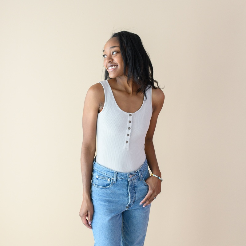 Womens Ribbed Henley Bodysuit in Oat