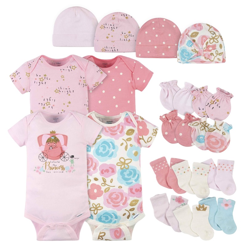 18-Piece Baby Girls Princess Onesies Bodysuit, Mitten, Cap, & Sock Set