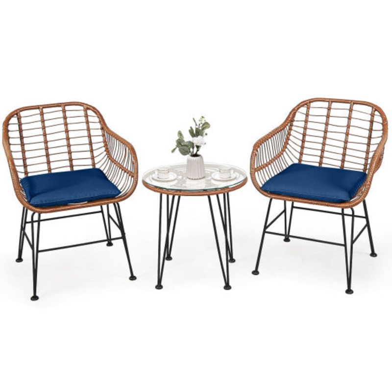 3 Pieces Patio Rattan Bistro Set With Cushion-Navy