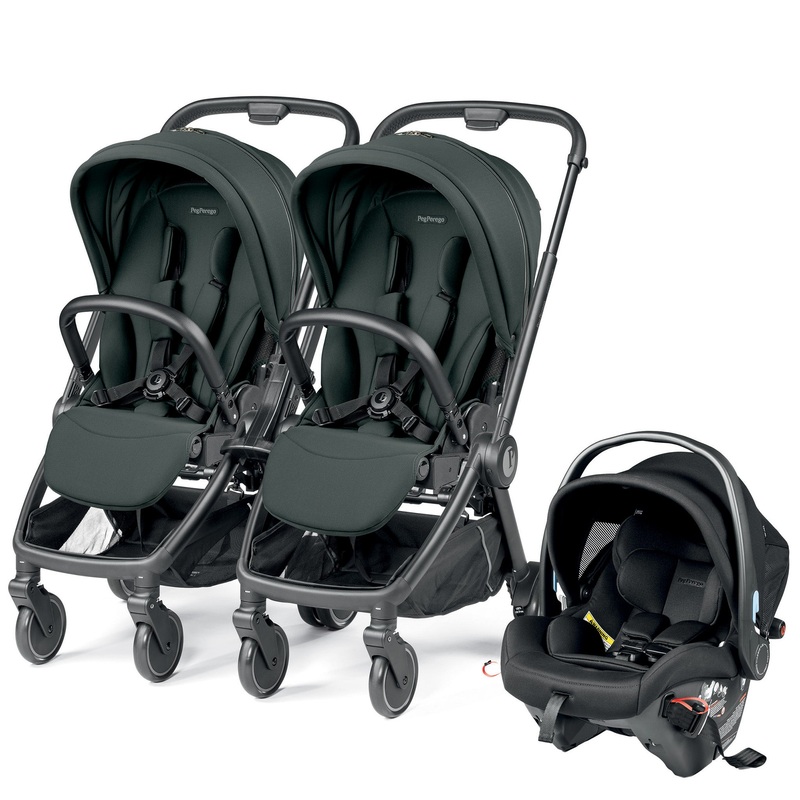 Peg Perego City Loop Double Stroller + Primo Viaggio Urban Mobility Travel System Bundle – Black / Metal / True Black