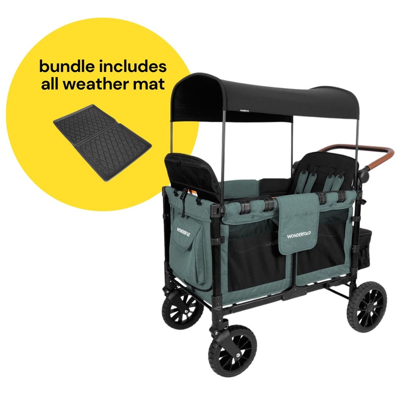 WonderFold W4 Luxe Multifunctional Quad (4 Seater) Stroller Wagon + All Weather Mat Bundle – Hunter Green (Albee Exclusive)