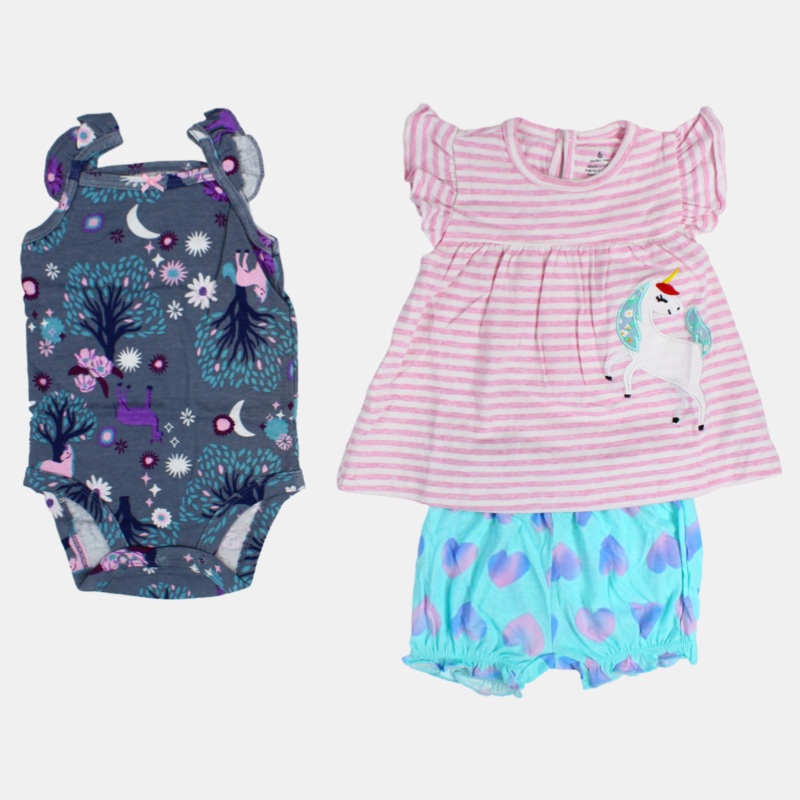 Baby Girls Cotton 3-Piece Outfit Set  Pink with Unicorn Print