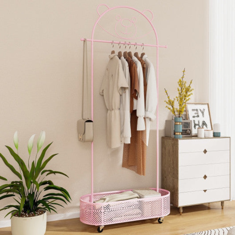 Kid Clothes Rack With 3 Adjustable Heights and Wheels-Pink