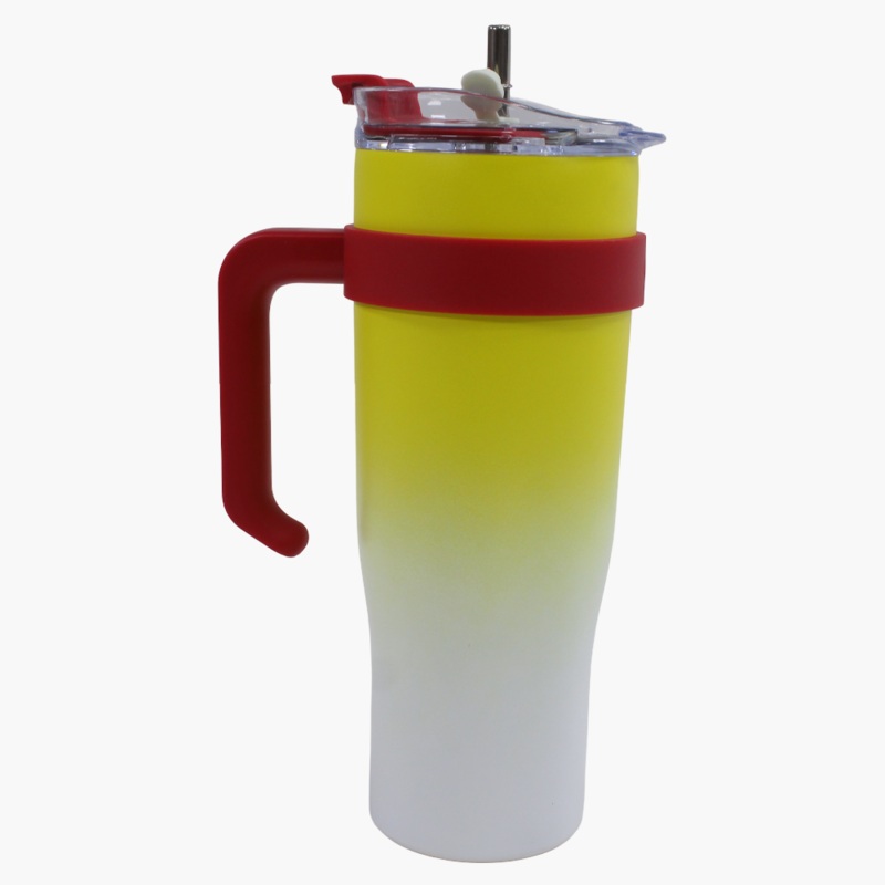 Large Stainless Steel Travel Mug  Yellow with Red Handle