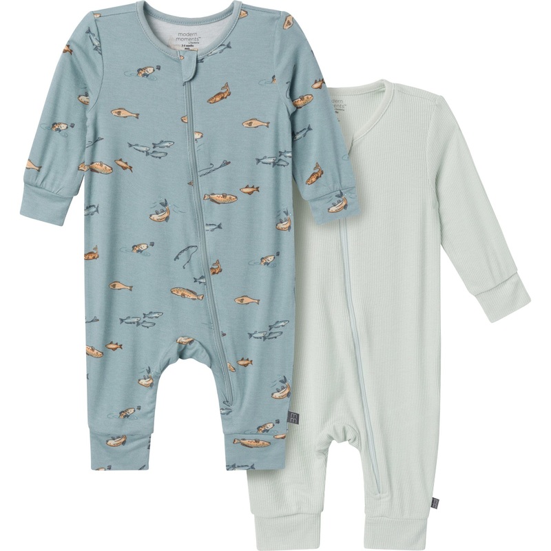 2-Pack Baby Boys Teal Fishing Zip Front Viscose Rompers
