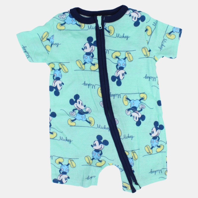 Baby Boys Cotton Romper  Aqua with Mickey Mouse Print