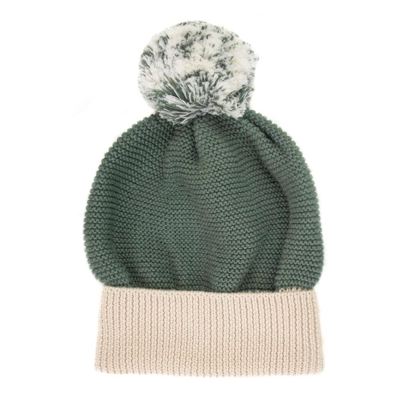 Tun Tun (Peru) – Pima Cotton Pompom Hat – Oatmeal + Forest Green