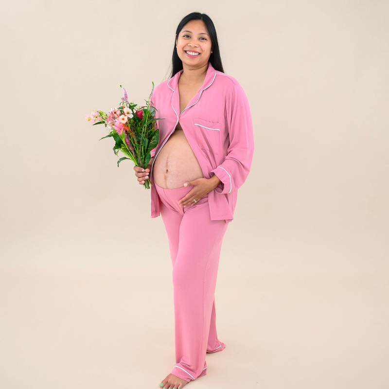 Women’s Long Sleeve Pajama Set in Apple Blossom with Cloud Trim