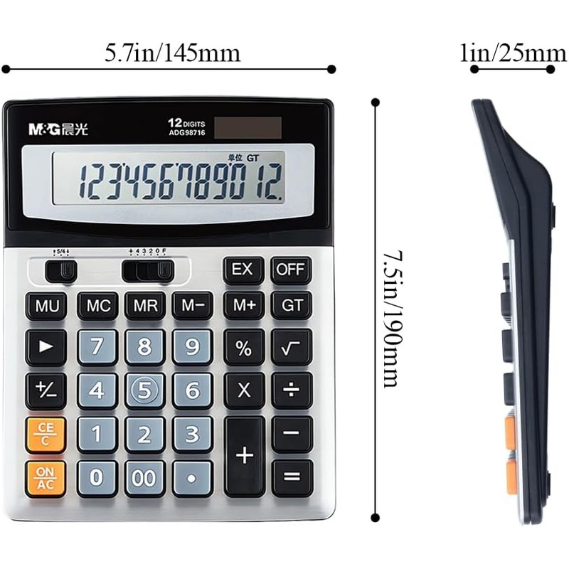 M&G Desk Calculator 12 Digit Extra Large LCD Display Calculator, Dual Solar  Power and Battery, Battery Included, Metal Panel Comfort Button Calculator  for Office Home School