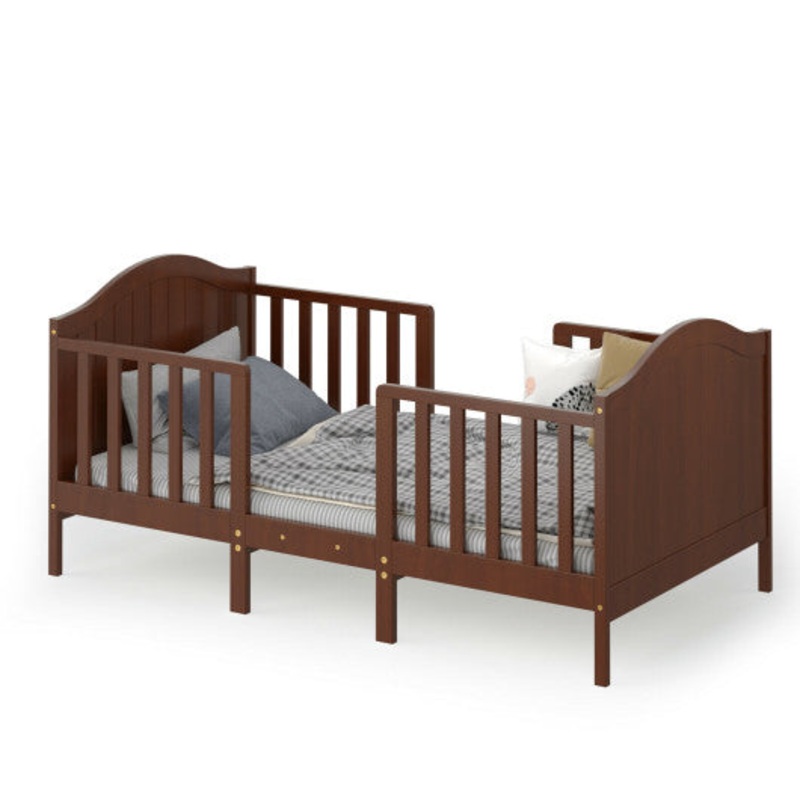 2-in-1 Classic Convertible Wooden Toddler Bed With 2 Side Guardrails for Extra Safety-Brown
