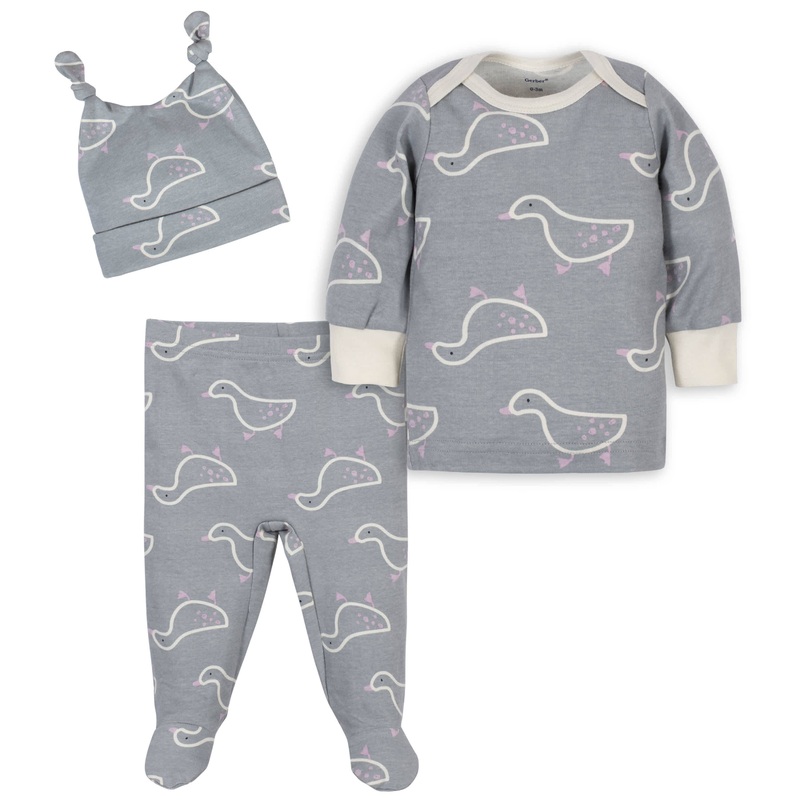 3-Piece Baby Girls Comfy Stretch Ducklings Shirt, Footed Pant and Cap Set