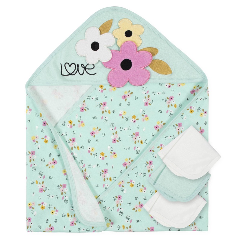 4-Piece Baby Girls Floral Hooded Towel & Washcloth Set