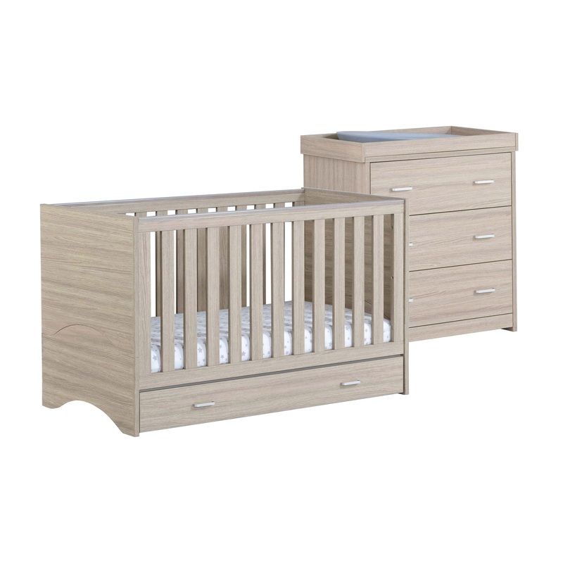 Babymore Veni Oak Room Set 2 pieces – Cot Bed with drawer & Chest