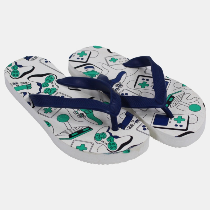 Unisex Kids Rubber Slippers  White & Navy Ship Atari Design