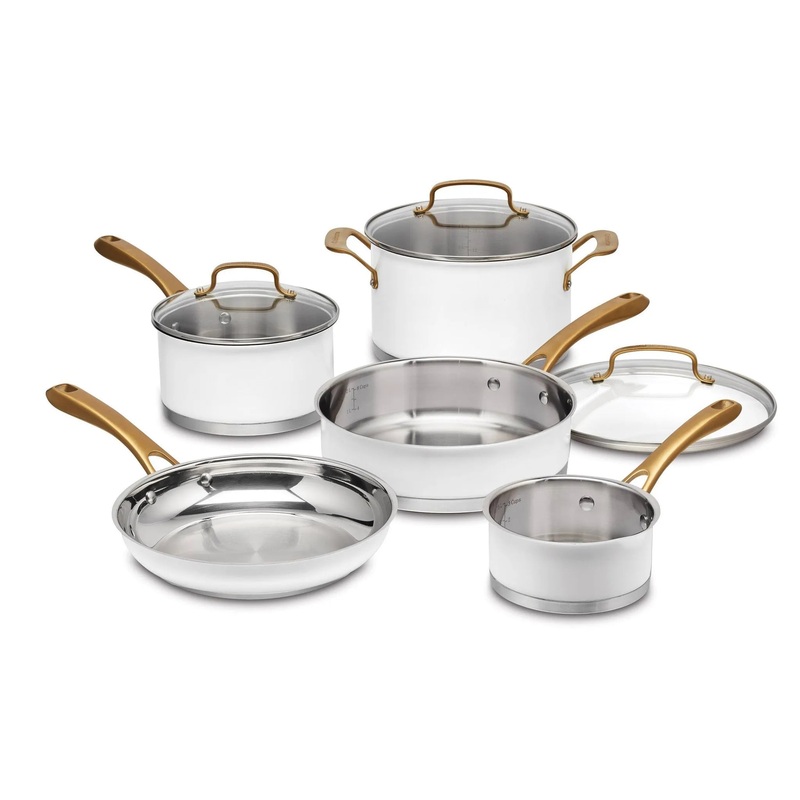 Classic 8pc Stainless Steel Cookware Set with Brushed Gold Handles Matte White: Induction & Oven Safe Pans