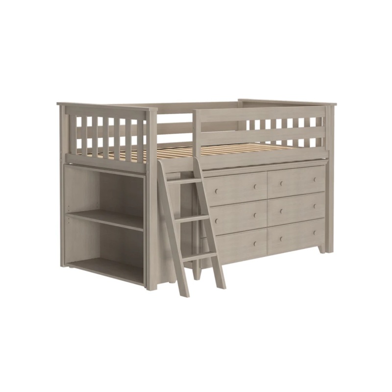 Windsor – Low Loft Bed w/ Angle Ladder, 6-Drawer Dresser & Bookcase