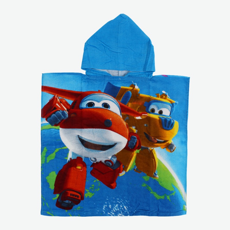 Boys Poncho Beach Towel with Hoodie  Turquoise with Super Wings Print
