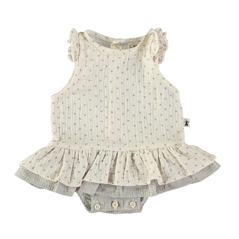 Petit Indi (Made in Spain) – Sleeveless Skirted Romper – Grey Dots