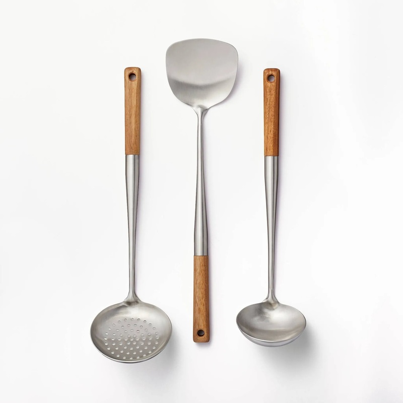 3pc Wok Tools Set Brown – : Stainless Steel & Wood Kitchen Utensils, Includes Skimmer, Turner, Ladle