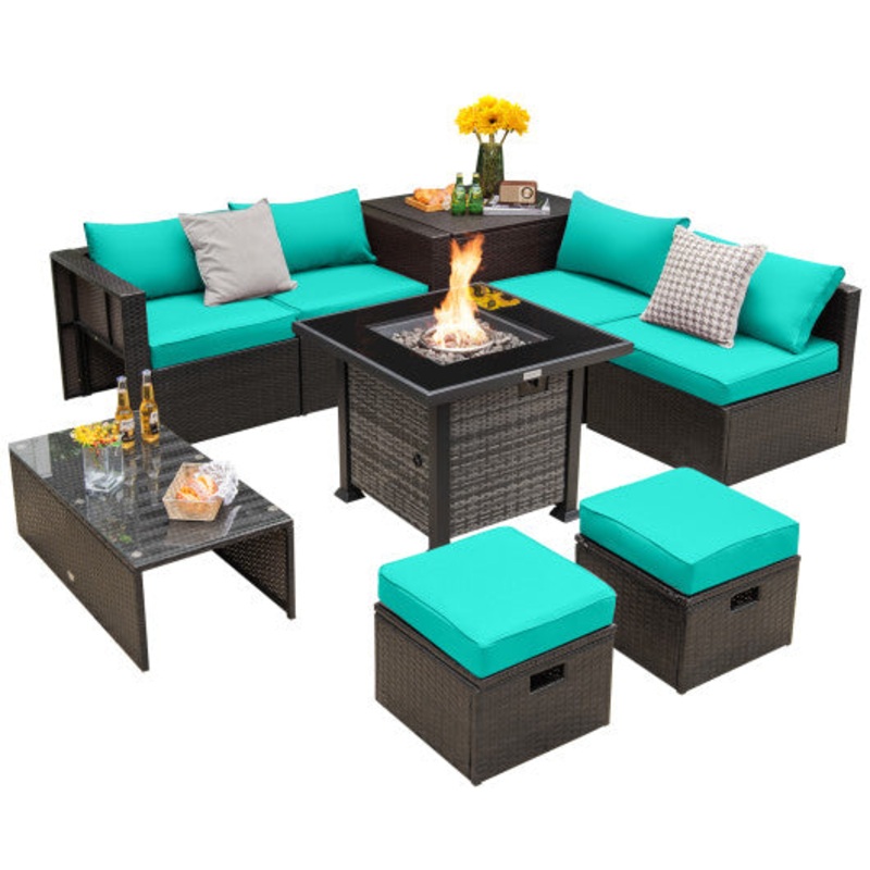 Outdoor 9 Pieces Patio Furniture Set With 50 000 BTU Propane Fire Pit Table-Turquoise
