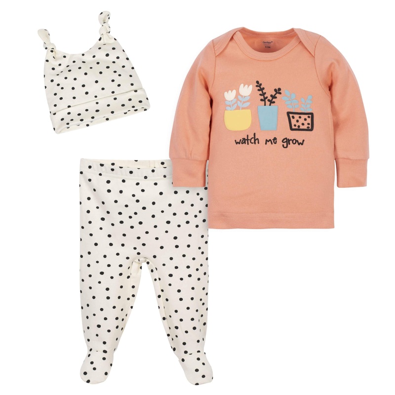 3-Piece Baby Girls Comfy Stretch “Watch Me Grow” Shirt, Footed Pant and Cap Set