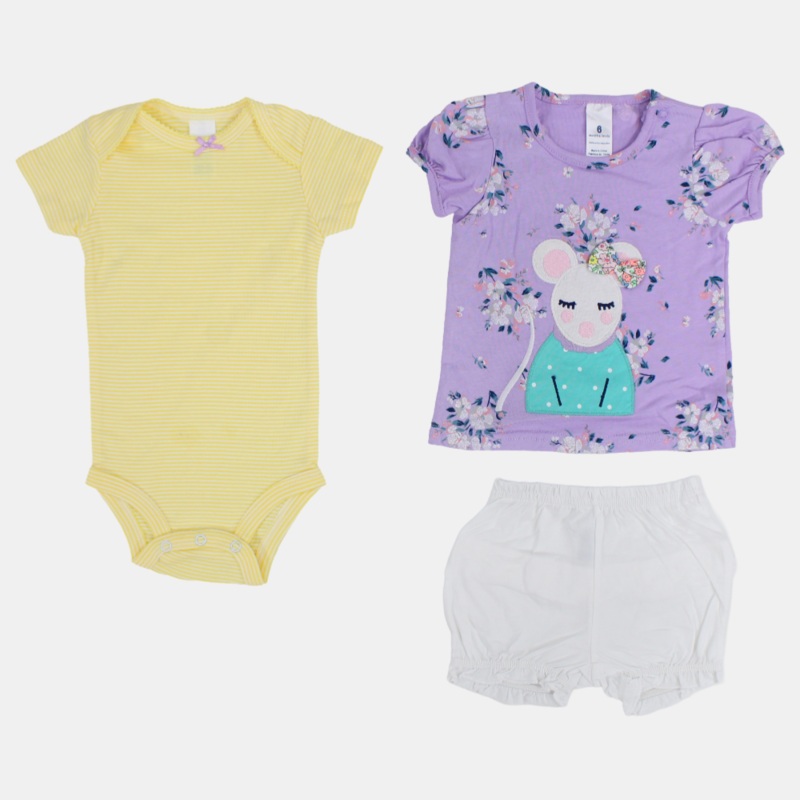Baby Girls Cotton 3-Piece Outfit Set  Purple with Mouse Print