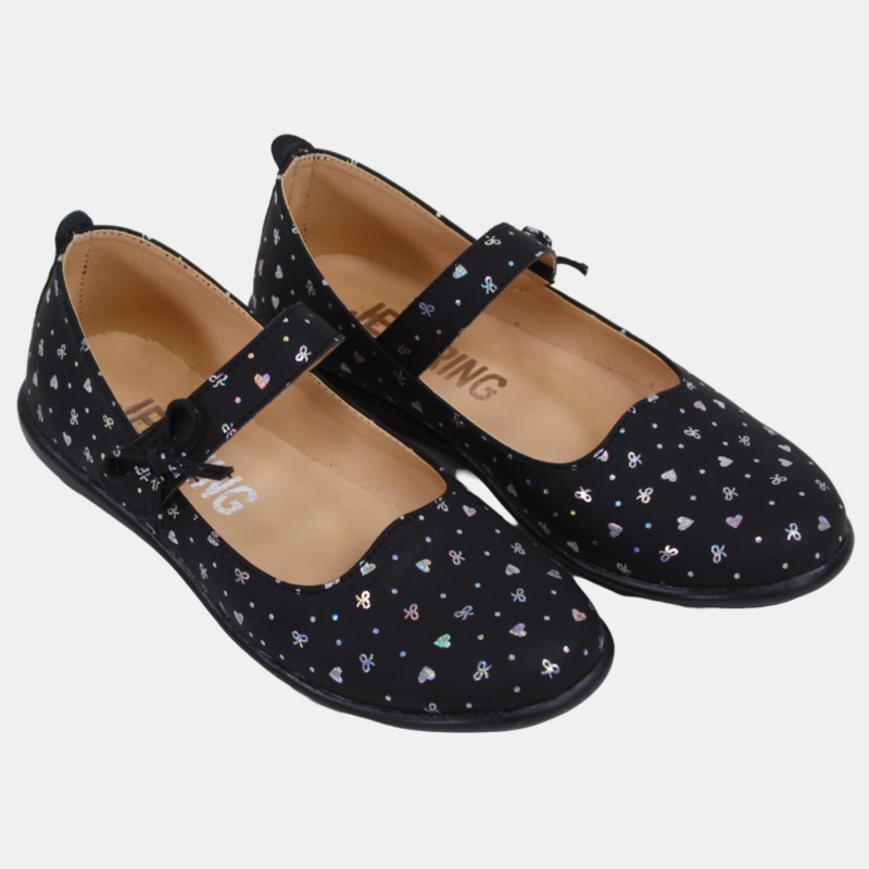 Girls Leather Shoes  Black with Heart Details