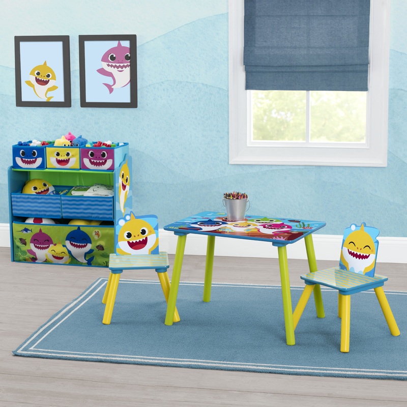 Baby Shark 4-Piece Playroom Solution   Set Includes Table and 2 Chairs and 6-Bin Toy Organizer