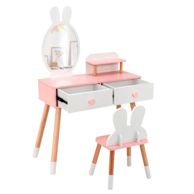 Kids Vanity Table and Chair Set With Drawer Shelf and Rabbit Mirror-White