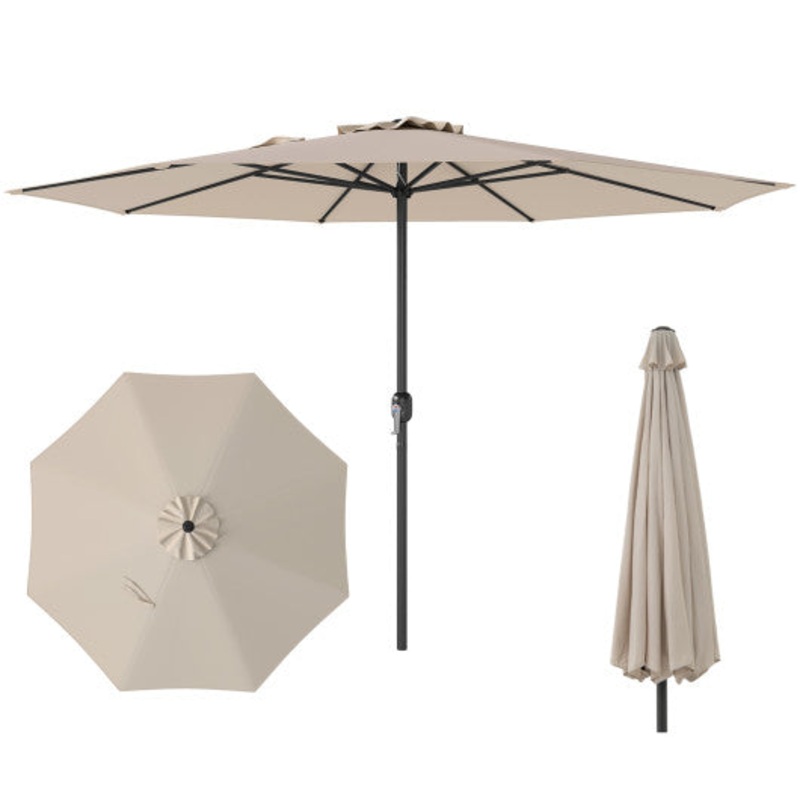 12 Feet Patio Umbrella With Crank Handle and 8 Sturdy Ribs-Beige