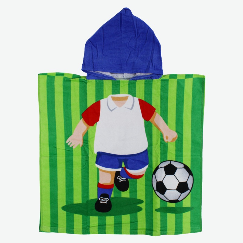 Boys Poncho Beach Towel with Hoodie  Green with Football Print