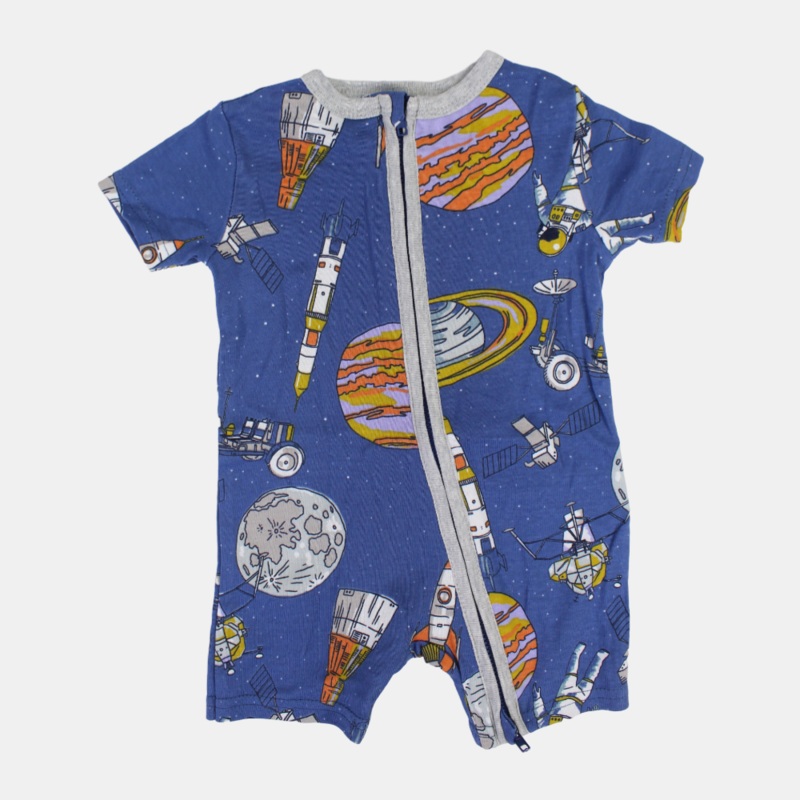 Baby Boys Cotton Romper  Indigo with Space Print and Zipper Detail