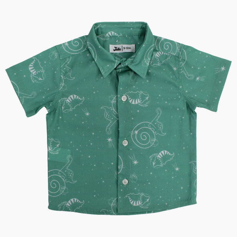 Baby Boys Cotton Shirt – Green with Dino in Space Print