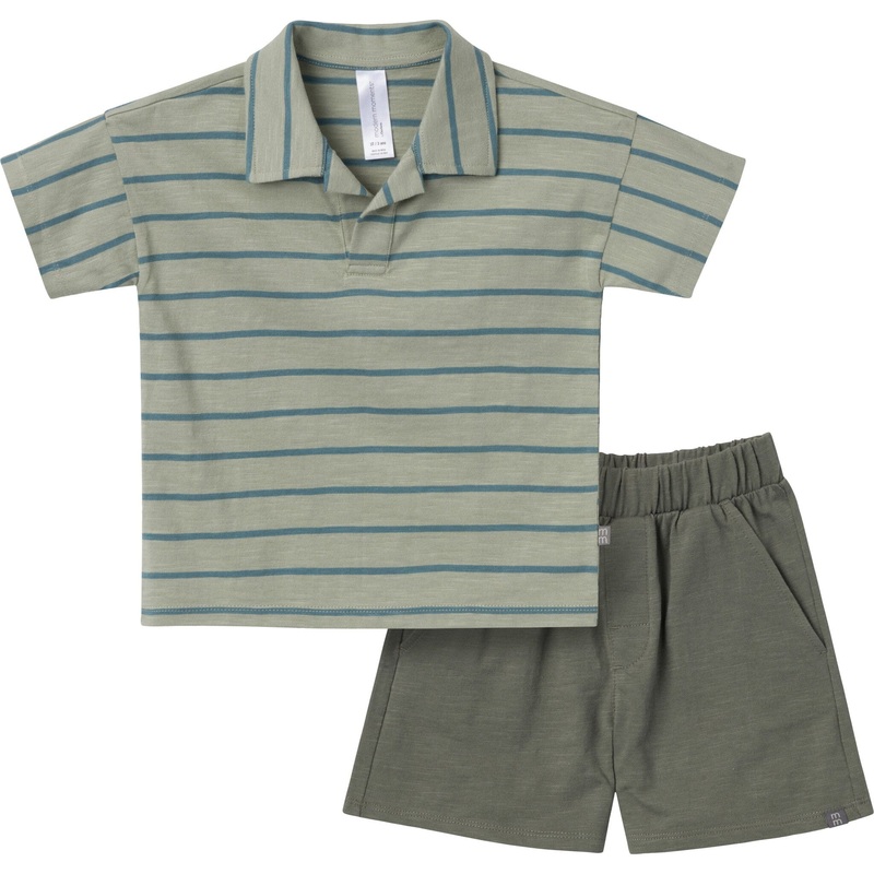 2-Piece Toddler Boys Green Stripe Johnny Collar Shirt and Shorts Set