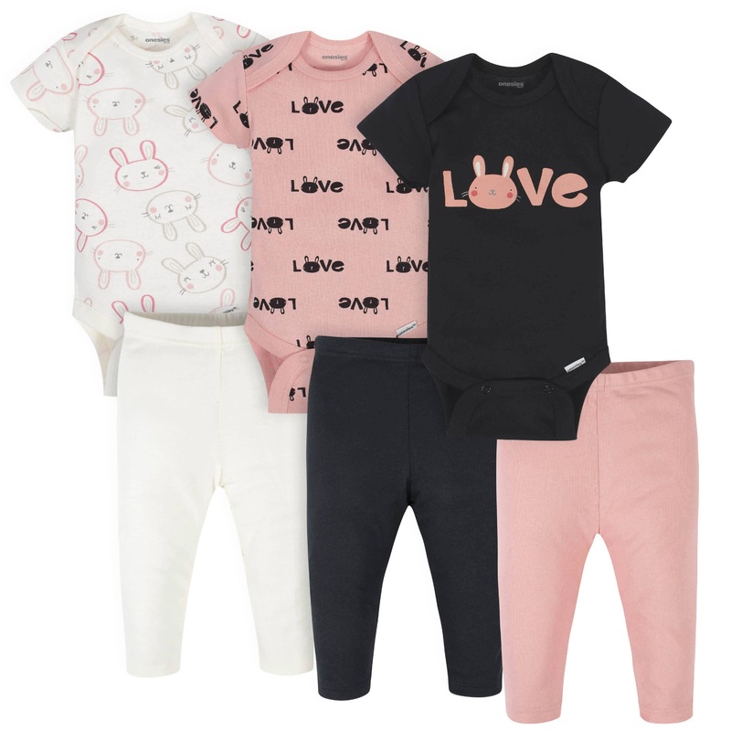 6-Piece Baby Girls Bunny Onesies Brand Bodysuits & Pants Set