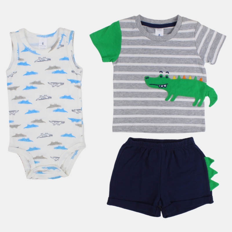 Baby Boys Cotton 3-Piece Outfit Set  Striped Grey with Crocodile Design