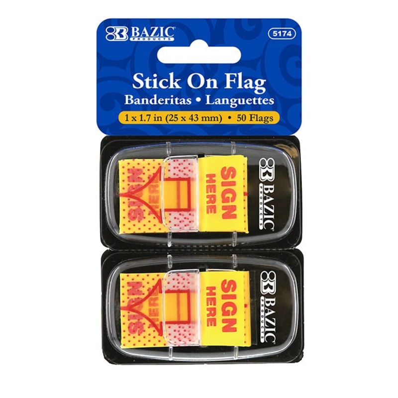 BAZIC 25 Ct. 1″ x 1.7″ Yellow Color Printed Sign Here Flags w/ Dispenser (2/Pack)