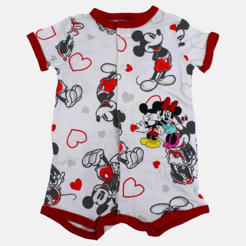 Baby Girls Short-Sleeved Cotton Romper  White with Mickey Mouse Print