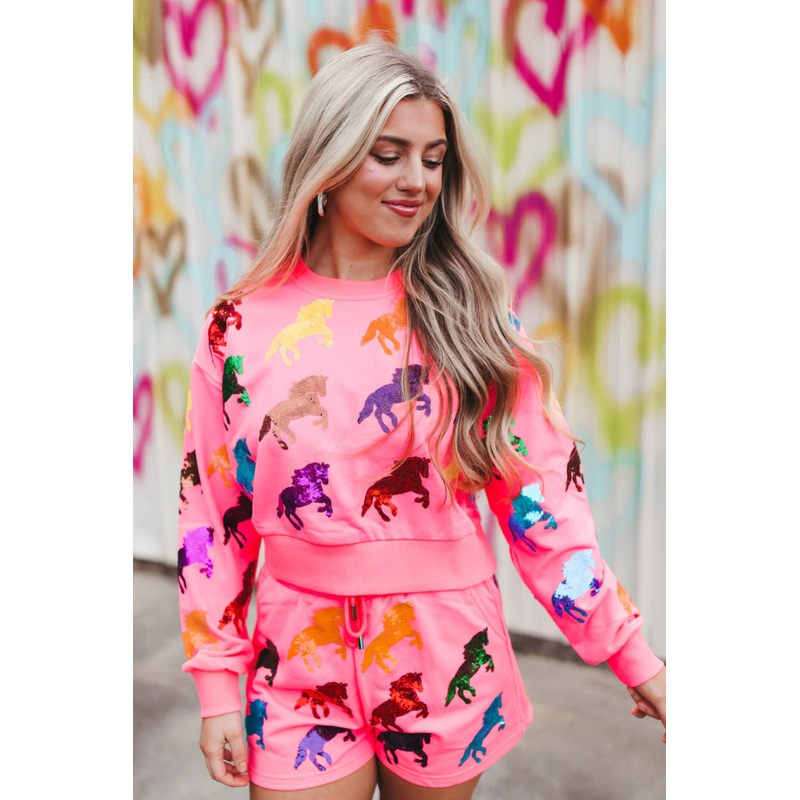 Queen Of Sparkle Kids Neon Pink Horse Short Set