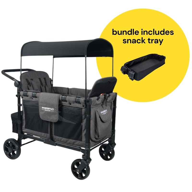 WonderFold W4 Elite Multifunctional Quad (4 Seater) Stroller Wagon + Snack Tray Bundle – Charcoal Gray
