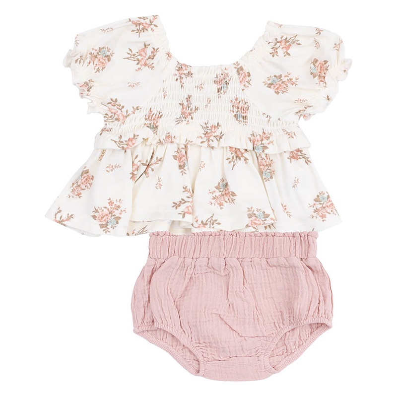 ADR Cap Sleeve Smocked Blouse And Muslin Bloomer Vintage Rosebuds