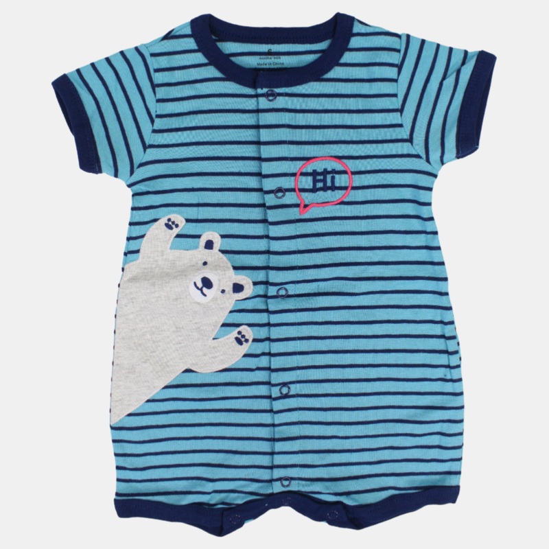 Baby Boys Cotton Romper  Striped Light Blue with Bear Print
