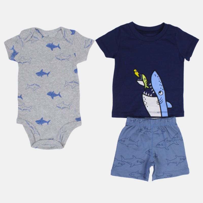 Baby Boys Cotton 3-Piece Outfit Set  Navy with Shark Design