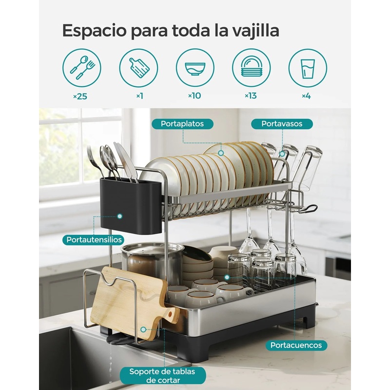 2-Tier Dish Drying Rack with Rotatable and Extendable Drain Spout