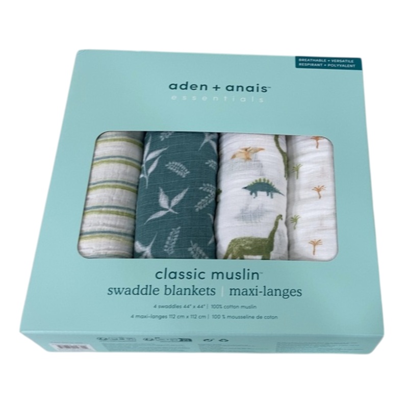 Aden + Anais Cotton Muslin Swaddle, 4 Pack, 44″ x 44″, Classic Muslin, Dino Jungle